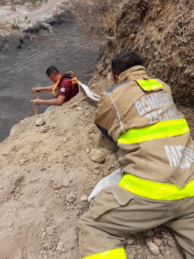 Elementos de Protección Civil y Bomberos de Tecamac rescataron a un perro atrapado en una mina