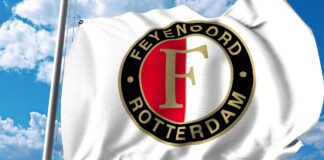 Waving flag with Feyenoord football club logo. Editorial 3D