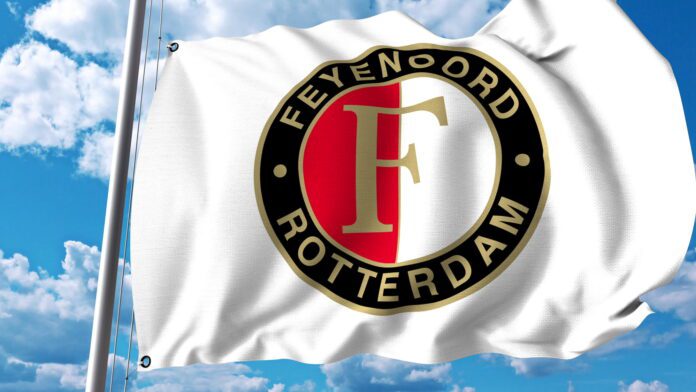 Waving flag with Feyenoord football club logo. Editorial 3D