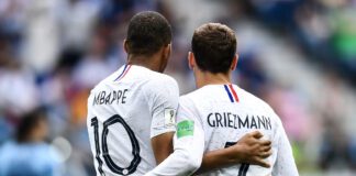 Kylian Mbappe, left, and Antoine Griezmann of France celebrate after scoring against Uruguay in their quarterfinal match during the 2018 FIFA World Cup in Nizhny Novgorod, Russia, 6 July 2018.
