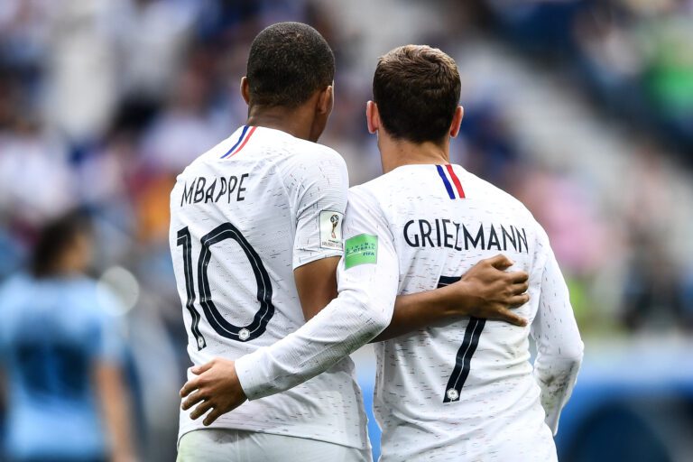 Kylian Mbappe, left, and Antoine Griezmann of France celebrate after scoring against Uruguay in their quarterfinal match during the 2018 FIFA World Cup in Nizhny Novgorod, Russia, 6 July 2018.