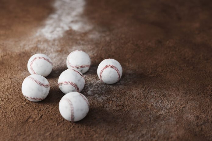 Baseball ball and powder on a baseball field, 3d rendering