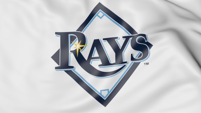 Close-up of waving flag with Tampa Bay Rays MLB baseball team logo, 3D United States