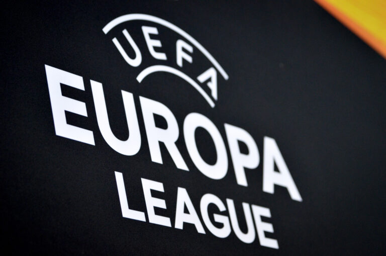 LVIV, UKRAINE - November 07, 2019: Europa League logo and emblem during the UEFA Europa League match between Alexandria (Ukraine) vs AS Saint Etienne (France), Ukraine