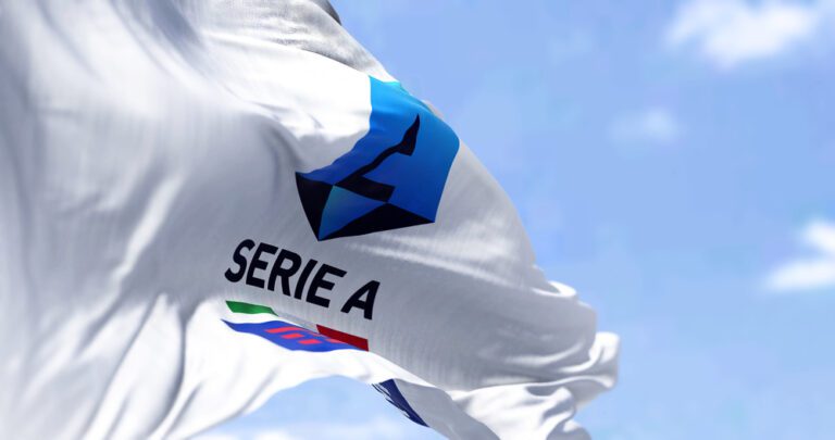 Rome, ITA, July 2022: Close-up of the Serie A TIM flag waving in the wind. Serie A Serie A is the top division of the Italian men football league. Fabric textured background. Illustrative editorial