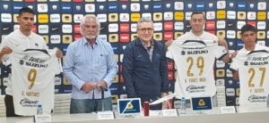 Guillermo Martínez, Rogelio Funes Mori y Piero Quispe fueron presentados como refuerzos de Pumas para el Clausura 2024. Foto: Axel Thomann/ACIR Deportes