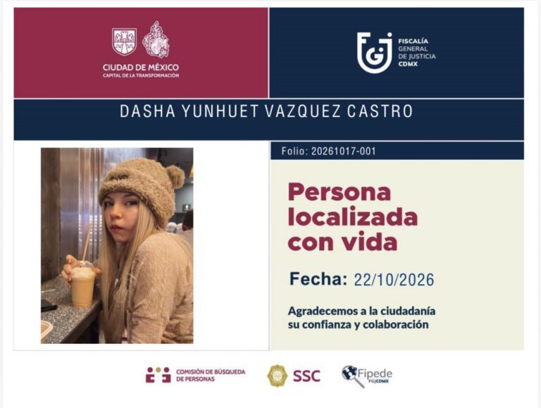 Localizan con vida y en buen estado de salud a Dasha Yunhuet. Su ausencia fue voluntaria